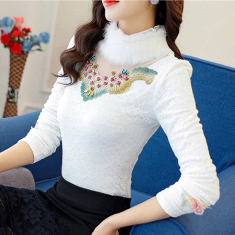 2020 Winter Women Warm Embroidered Diamond Shirt F
